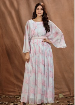 White And Pink Viscose Designer Gown